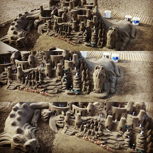 Eine Sandburg mit Drache und Pferd am Strand von Los Cristianos